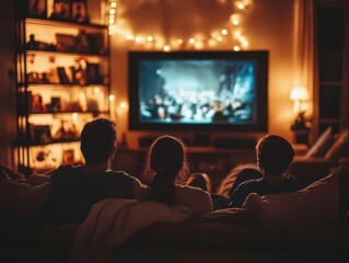 Fototapeta premium cozy family movie night scene from behind silhouettes bathed in the warm glow of a large tv screen intimate lighting and comfortable furnishings create a homey atmosphere