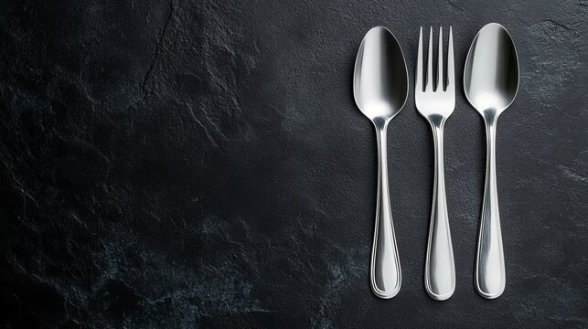 Top down view of cutlery on dark background
