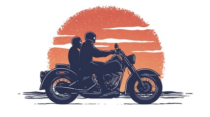 Fototapeta premium Couple riding a motorcycle silhouette against sunset sky background