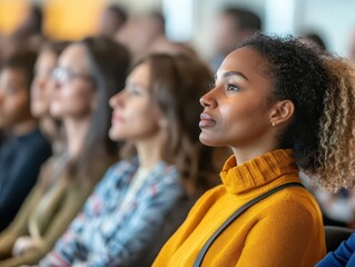 Fototapeta premium diverse audience listens intently to unseen speaker conference hall filled with attentive professionals creates atmosphere of knowledge sharing