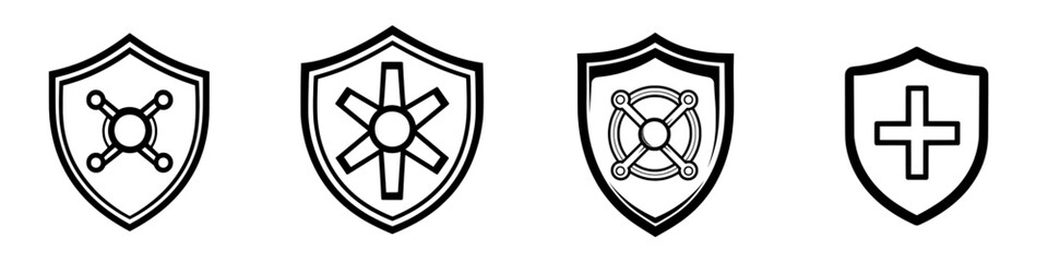 An emblem representing safe and efficient healthcare and radiation protection with a medical cross.