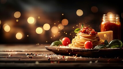 Delicious Pasta Dish on Wooden Table with Bokeh Background. Italian Food Photography.