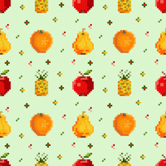 Seamless fruit pattern of apple, pineapple, orange, pear in pixel art style.