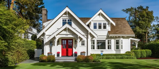 A charming craftsman home in classic white, with a striking red door and neatly kept front lawn.