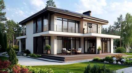 Fototapeta premium Modern two story house with large windows, balcony and patio. Exterior design with landscaping.