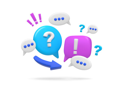 3D question. Interrogative mark. Doubt render icon. Ask answer. Communication or speech bubble. FAQ dialog. Confusion solving. Exclamation symbol. Brainstorm discussion. Vector concept