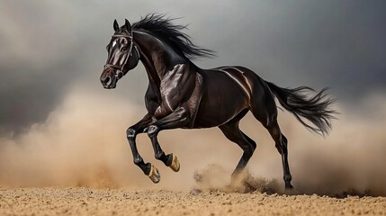 black horse running in the field