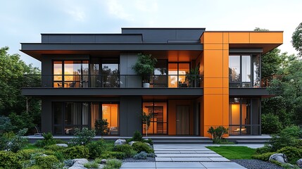 Fototapeta premium Modern Two Story House with Black and Orange Facade