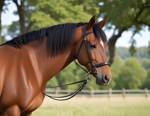 A horse with a black mane and tail, wearing a bridle, standing in a grassy field with blurred trees in the background