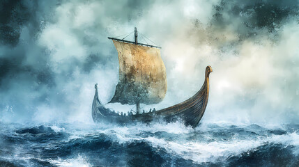 Illustration of a viking ship navigating through the misty northern seas. Viking Longship. Illustration