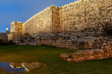 View of the Tower of David and western expanse of walls and ramparts of the Old City at twilight in Jerusalem. . © Yehoshua Halevi
