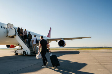 Passengers boarding the aircraft from the stairs of a passenger aircraft at the airport.