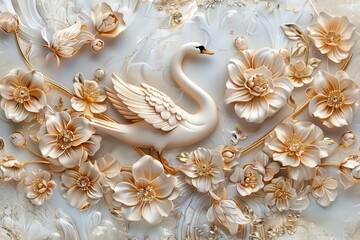 A gold and blue floral design with a swan in the center
