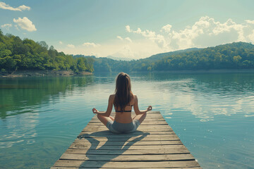 A woman is sitting on a dock by a lake, practicing yoga,