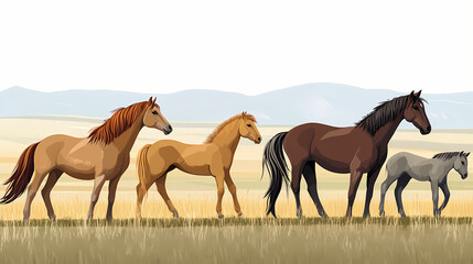 Comprehensive infographic the life cycle of equus ferus przewalskii przewalski's horse from foal to adult in mongolian steppe habitats with copy space and open space. Mongolian Steppes. Illustration