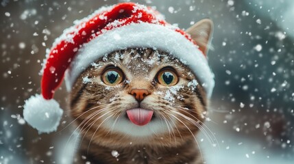 Tabby cat in a Santa hat catches snowflakes with his tongue