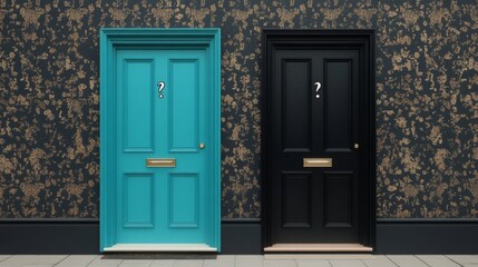 Fototapeta premium Two mysterious doors in a stylish interior with ornate wallpaper and intriguing question marks