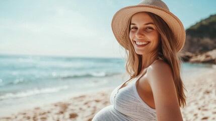 Expecting mother enjoying a sunny day at the beach in summer