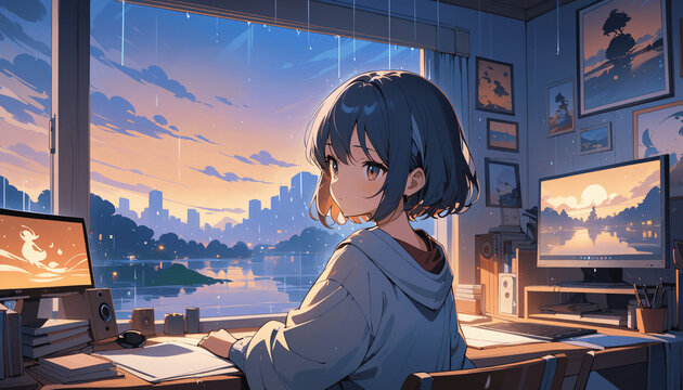 A peaceful, anime-inspired scene young girl at her desk, enveloped in the soothing ambiance of a rainy day. This beautiful 4K wallpaper blends manga and anime styles, creating a warm, inviting setting