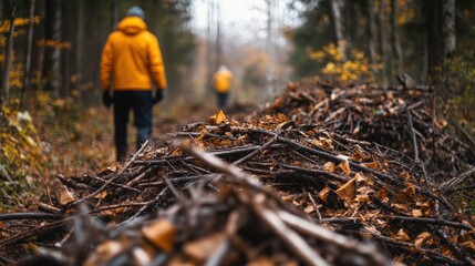 Volunteers clearing branches and leaves on a forest trail in autumn