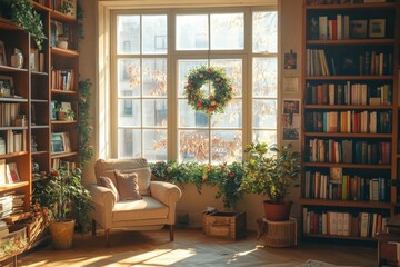A cozy living room with a couch, a wreath, and a lot of books, generative ai image
