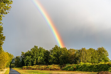 A stunning rainbow over a tranquil green landscape with dramatic clouds. Magical and picturesque!