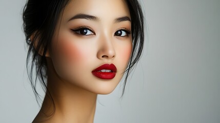 Fototapeta premium Close up Portrait of a Woman with Red Lipstick and Dark Eyes
