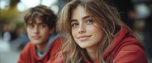 Fototapeta premium Young Woman Smiling with a Male Friend in the Background