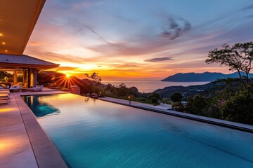 A pool with a sunset in the background, generative ai image