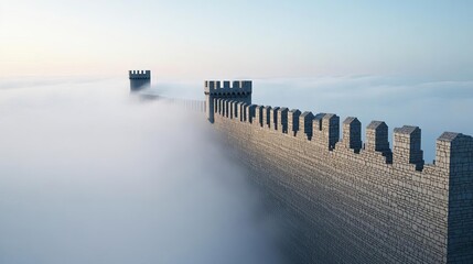Ancient castle walls, drifting fog around battlements, 3D illustration