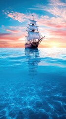 Fototapeta premium A majestic ship sailing on calm waters during a vibrant sunset, reflecting beautifully on the surface.