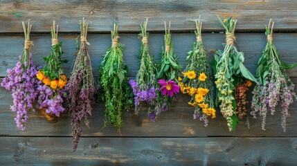 Hanging bunches of medicinal herbs background composition
