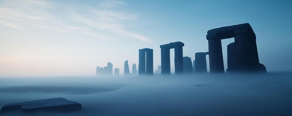 Fototapeta premium Ancient ruins shrouded in drifting fog, mysterious aura, 3D illustration