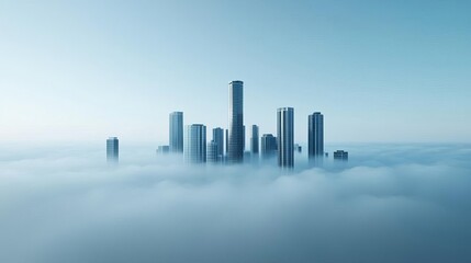 Fototapeta premium City skyline in drifting fog, skyscrapers emerging, 3D illustration