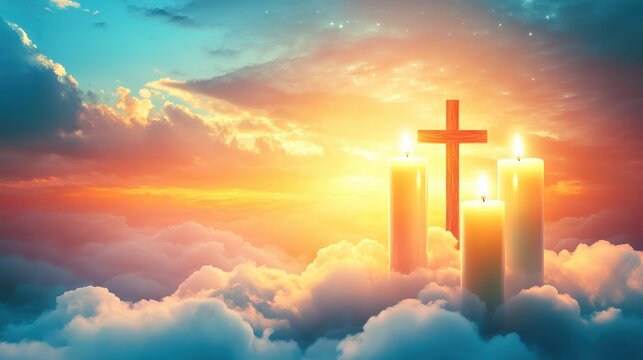 Glowing candles and a cross shine softly in the clouds, symbolizing eternal rest on All Souls' Day