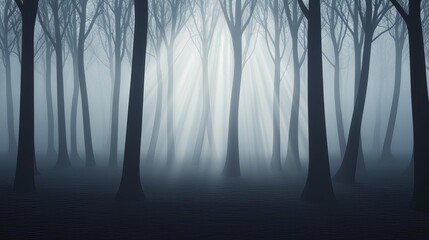 Obraz premium Dark forest with drifting fog, shafts of light breaking through, 3D illustration