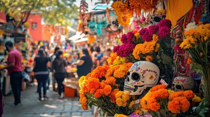 Shoppers browse a vibrant market for flowers and masks during Dia de los Muertos