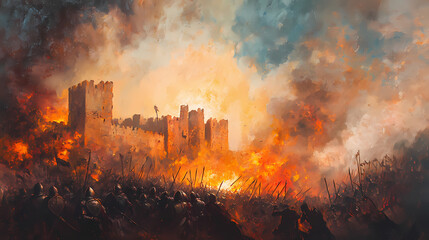 Naklejka premium High-angle view of a medieval castle siege, detailed oil painting style, vivid colors, dramatic sky, knights in armor clashing, roaring fires, billowing smoke. Medieval Castle Siege. Illustration