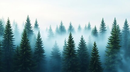 Fototapeta premium Dense pine forest, fog drifting between the trees, 3D illustration
