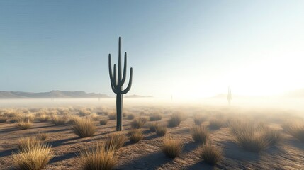 Desert landscape with drifting fog, cactus shadows, 3D illustration
