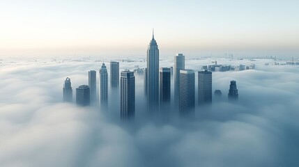 Fototapeta premium Drifting fog around tall skyscrapers, cityscape, 3D illustration