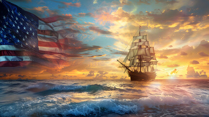 Ship sailing into the sunset with the American flag, celebrating Columbus Day