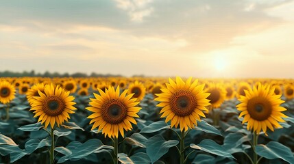 Fototapeta premium Drifting fog over a sunflower field, golden light, 3D illustration