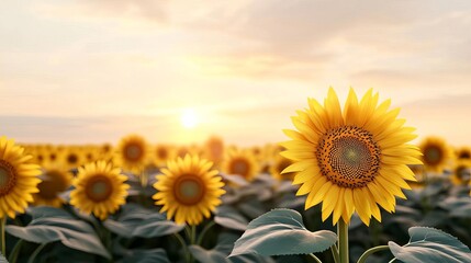 Obraz premium Drifting fog over a sunflower field, golden light, 3D illustration