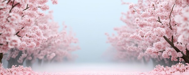 Fototapeta premium Drifting fog over cherry blossom garden, soft pink petals, 3D illustration