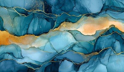 Naklejka premium Alcohol ink with thin gold pen outlines, an abstract fantasy landscape with...
