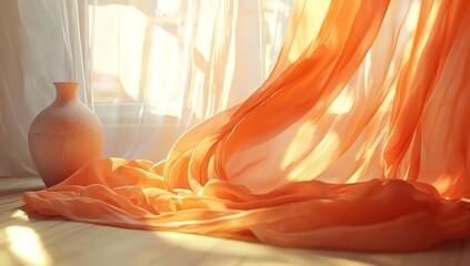 An orange and white flowing fabric billowing in the wind, inside an empty...