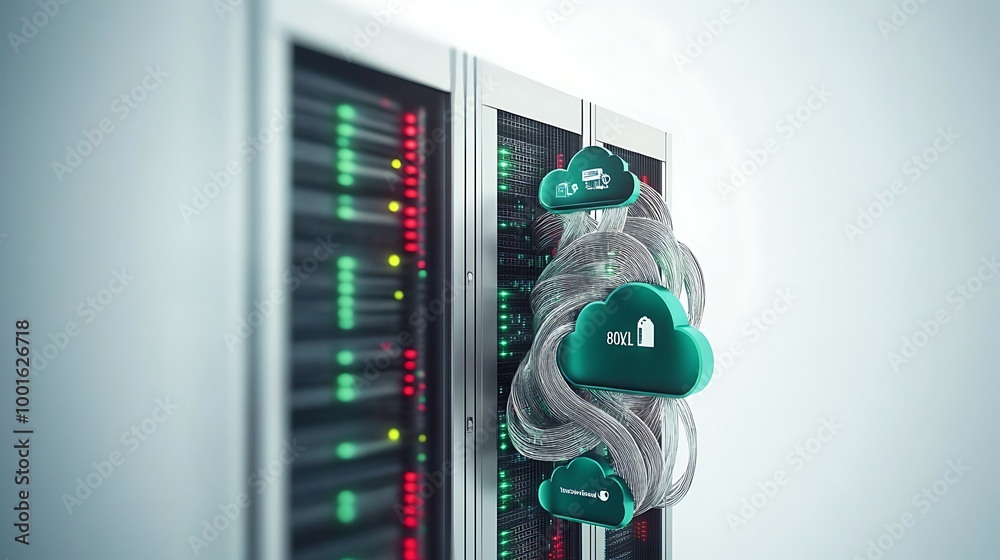 Poster Server rack with cloud icons, representing data storage and cloud computing.