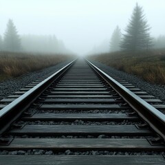Fototapeta premium Fog drifting over abandoned train tracks, mysterious path, 3D illustration