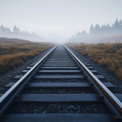 Fototapeta premium Fog drifting over abandoned train tracks, mysterious path, 3D illustration